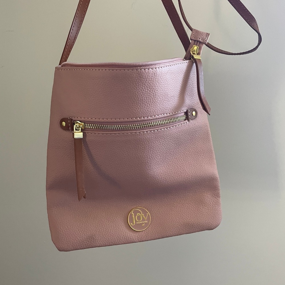 Joy Handbag Pink 100% Leather Crossbody Bag Gold Tone Zipper Front Pocket Pastel